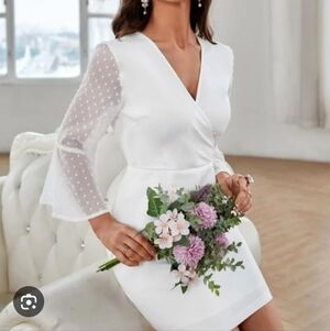 Shein Solid White V Neck Dress with Sheer Polka Dot Bell Sleeves Size XL